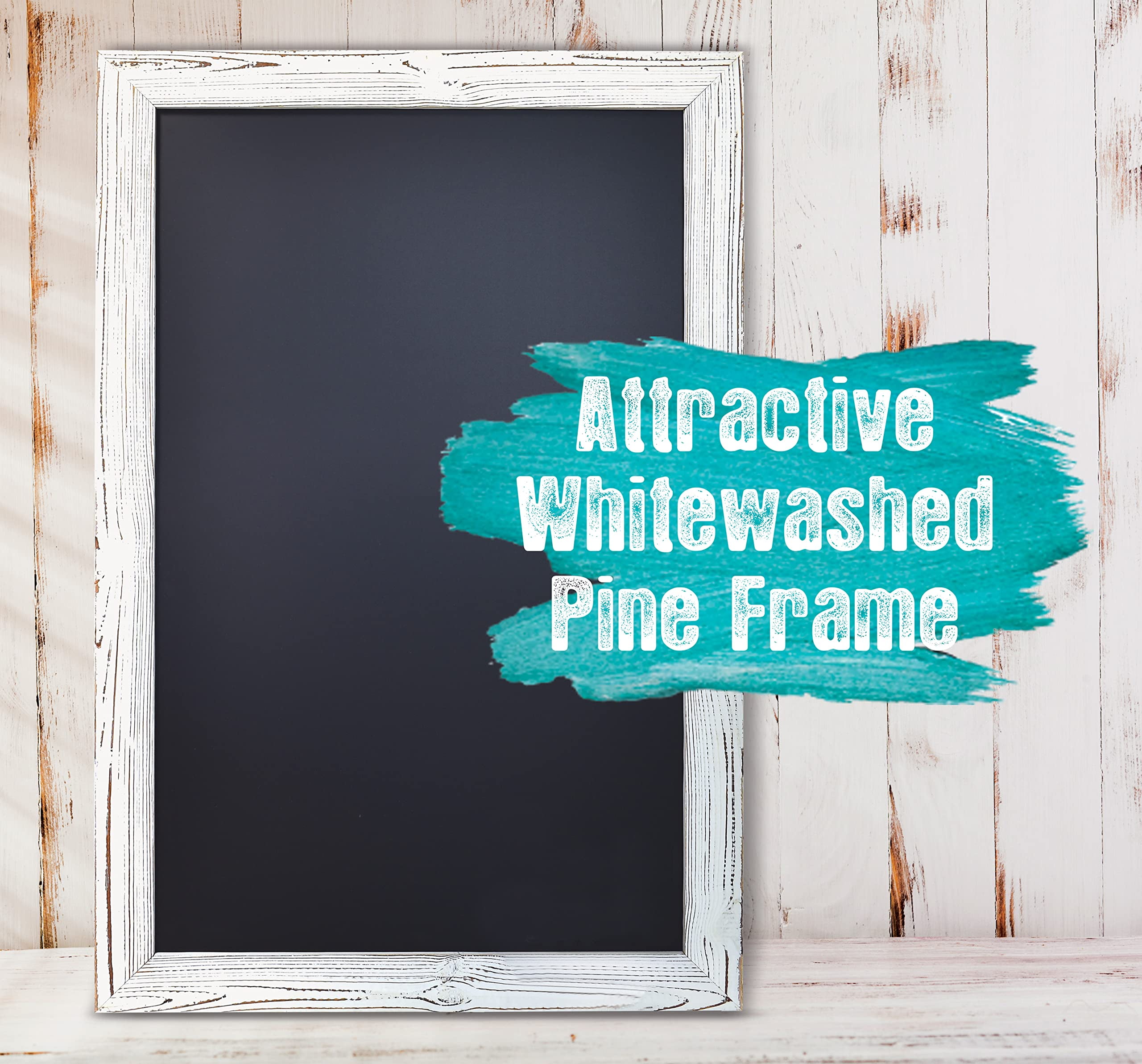 Better Office Products Magnetic Wall Mount Chalkboard Rustic Pine Frame with 4 Chalk Markers