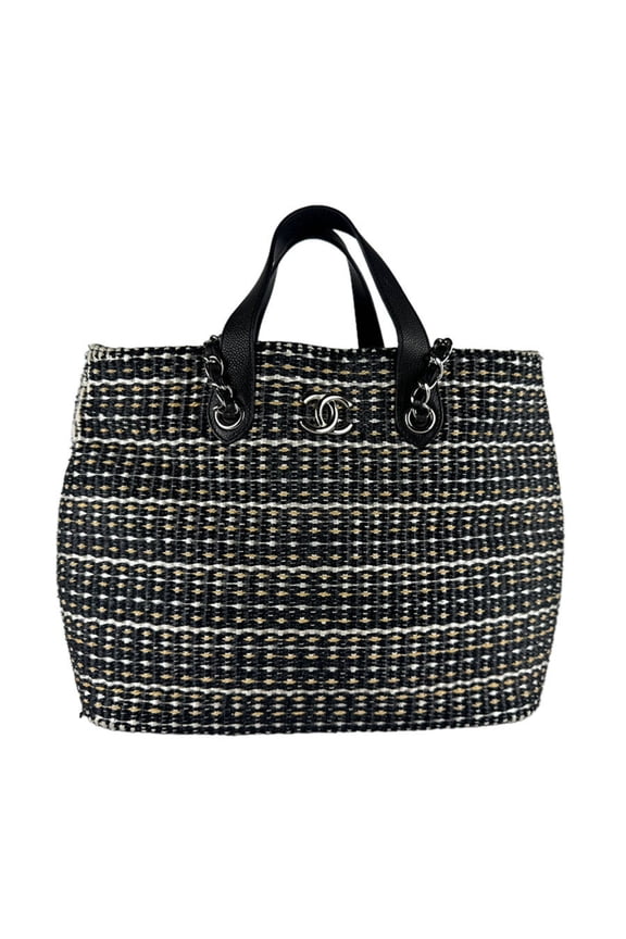 Pre-Owned Chanel handbag/shoulder bag, raffia, black, white, beige, silver, women's, z9981