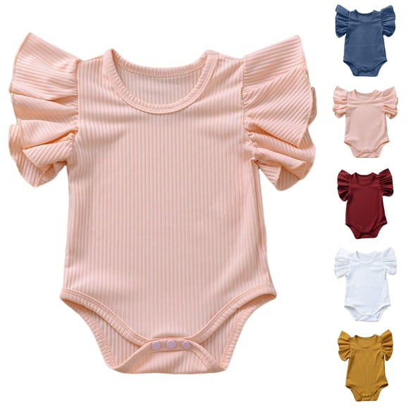 UJNDER Baby Bodysuit Girl's Short Sleeve Solid Ruffle Romper Bodysuit Clothes,Pink,12-18 Months