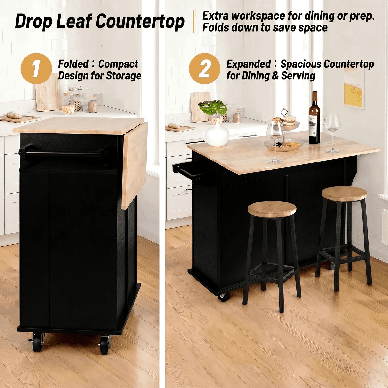 RichYa Rolling Kitchen Islands Cart on Wheels with Storage and Drop Leaf, Microwave Table with Rubber Wood Top, Drawers and Spice & Towel Rack,Black