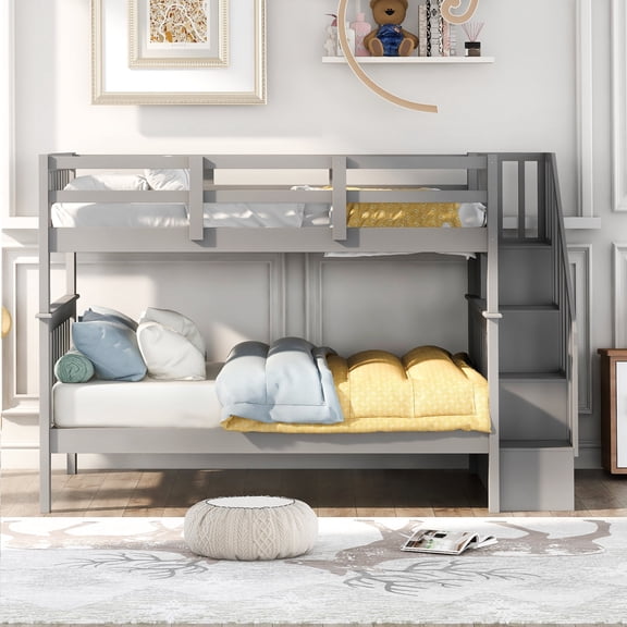 Newboti Furniture Stairway Full-Over-Full Bunk Bed with Storage and Guard Rail for Bedroom, Dorm, Gray 63989
