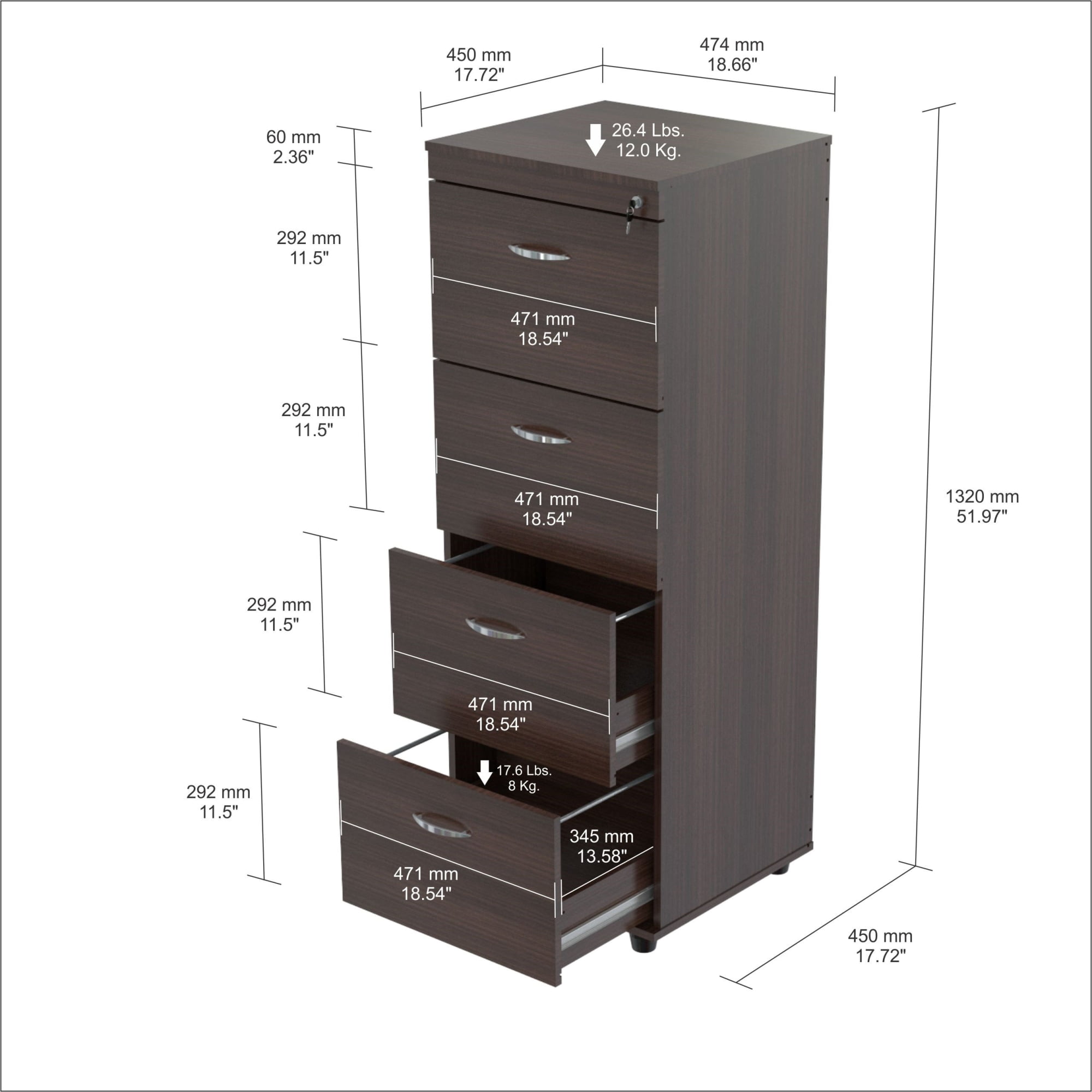 Free Shipping! Inval Vertical Storage 4-Drawer Laminate Filing Cabinet  19\, image size:2000x2000