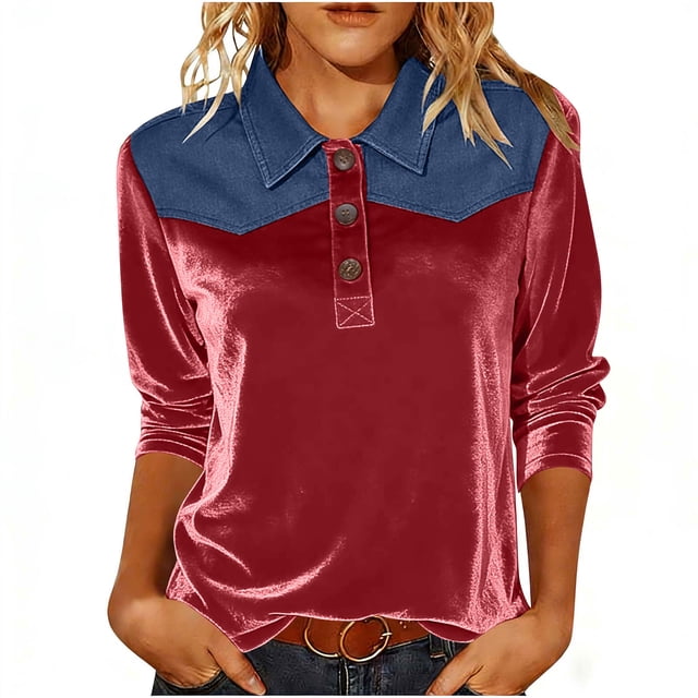 TaTaai Ladies Gold Velvet Denim Spliced Slim Fit Top Three Quarter Sleeve Pullover Blouse Soft Warm Casual Fashion Top For Women Daily Office Holiday Outfits Gift