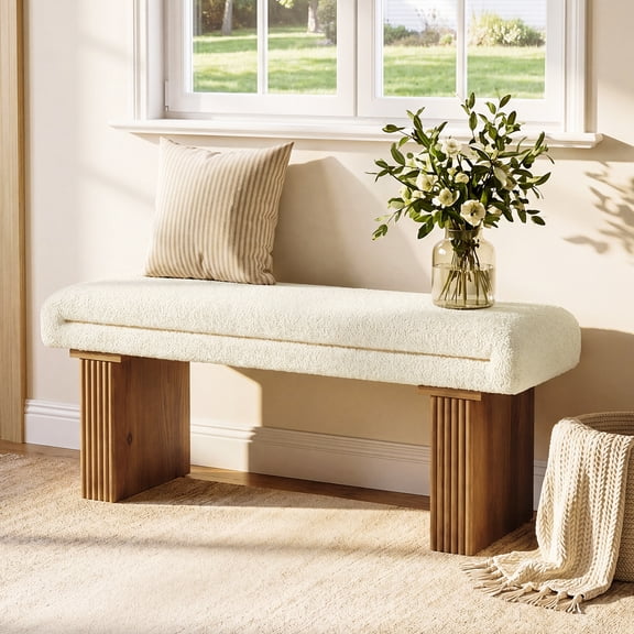 Finmind Solid Wood Entryway Bench, 47" Modern End of Bed Bench with Upholstered Seat, Storage Footrest Ottoman for Bedroom, Living Room, White & Brown