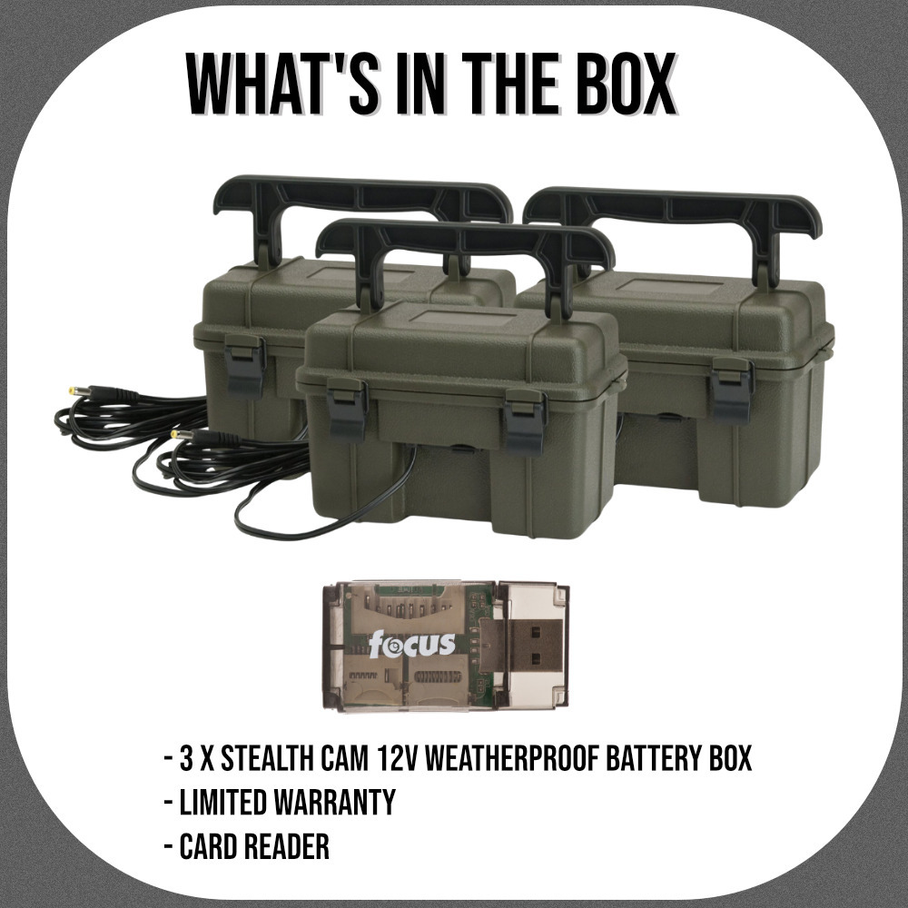 Stealth Cam 12V Weatherproof Battery Box with Sealed Lead Acid Battery for Trail Cameras (3-Pack, Dark Green) Bundle