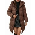 thumbnail image 3 of Female Hooded Long Puffer Coat Winter Warm Full Zip Quilted Jacket with Pockets Brown S, 3 of 9