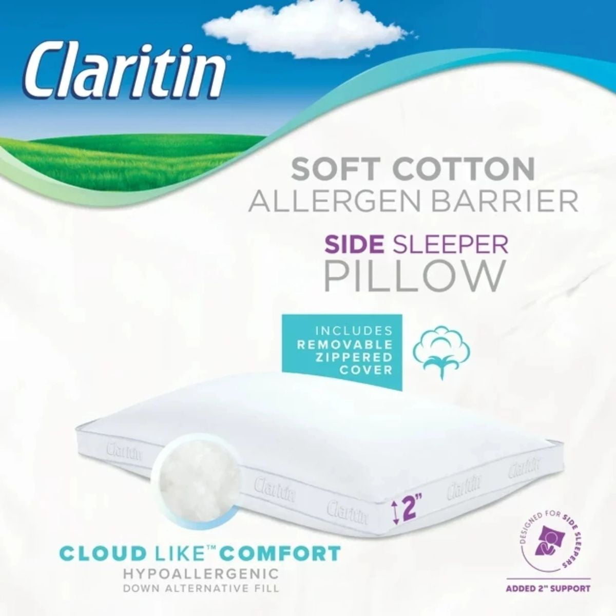 Claritin Side Sleeper Pillow with Removable Cotton Cover 19