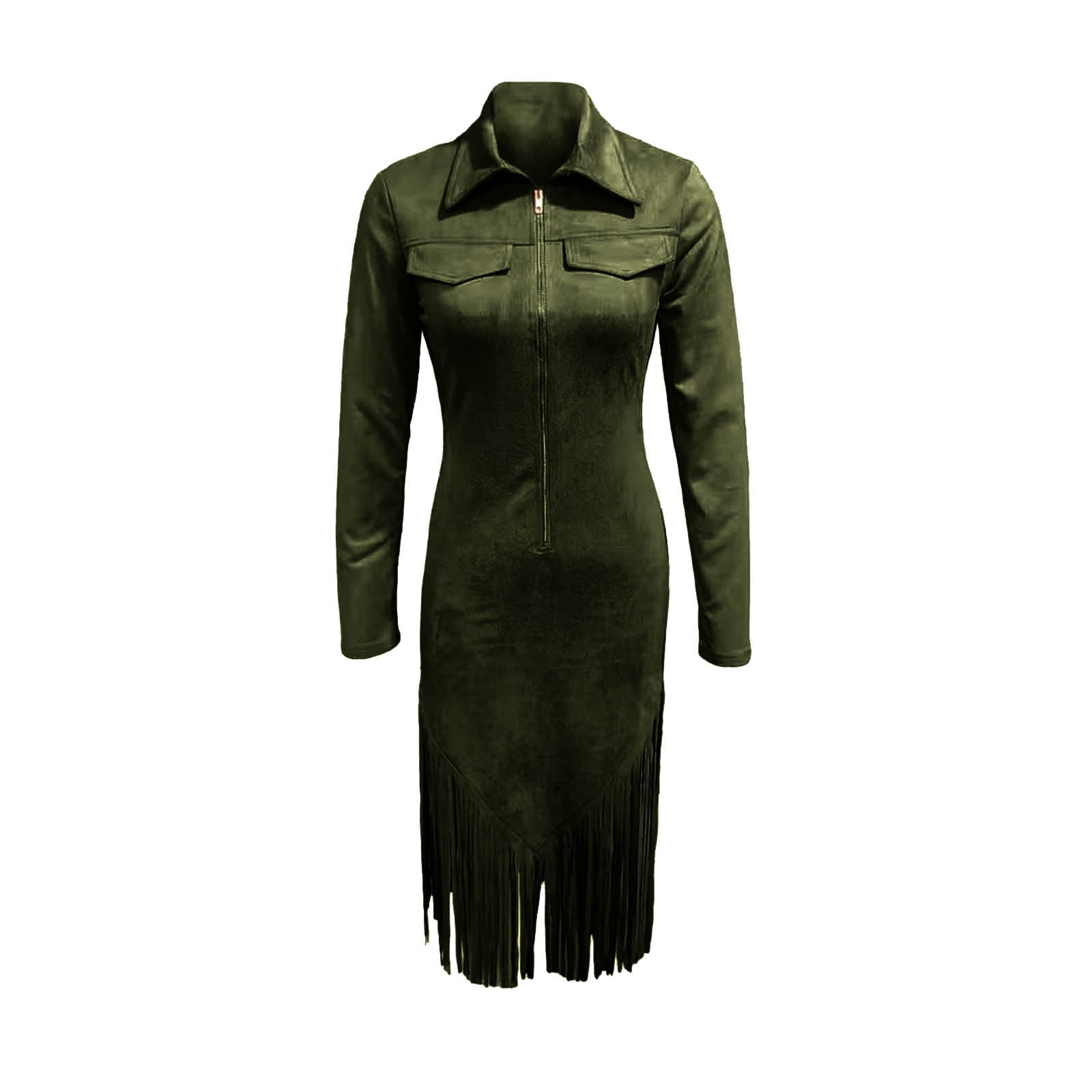Women Western Suede Midi Dress Lapel Zip Up Long Sleeve Tassel Hem Vintage Cowgirl Slim Fit Dresses