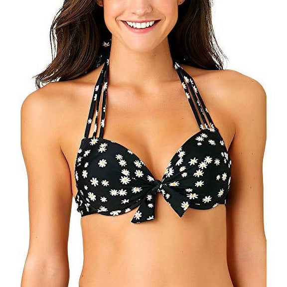 $20 California Waves Daisy Daze Printed Push Up Halter Top Black Size Medium