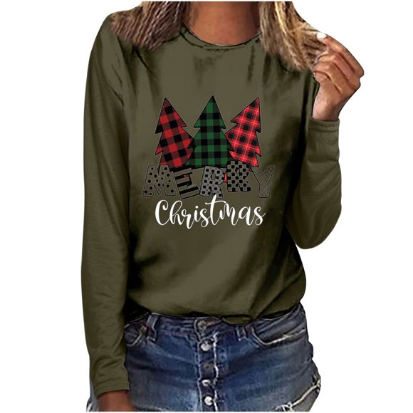 Women's Long Sleeve Tops Women's Merry Christmas Plaid Print Casual Long Sleeve Round Neck Top T-Shirt Long Sleeve T Shirts Women's Tops Long Sleeve T Shirt Print Machine
