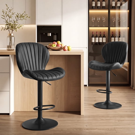Exnote Bar Stools Set of 2, Modern Swivel Adjustable Bar Chairs, Faux Leather Upholstered Counter Height Bar Stools with Backrest, Comfort Barstools for Kitchen Island, Home Bar, Black