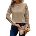 thumbnail image 2 of Women'S Solid Color Long Sleeve Embroidered Lace Stitching Waffle Round Neck Top Apricot XL, 2 of 8