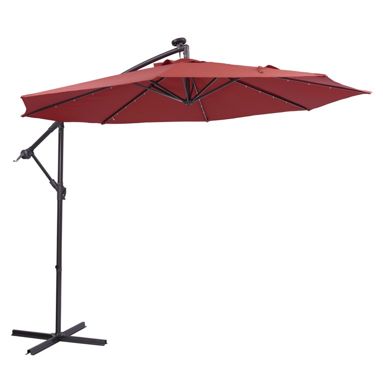 led cantilever patio umbrella vienne 10 red HOMSHADE 10ft Solar with Base Included, Premium 220GSM Solution-Dyed Fabric, 5-Year Fade-Resistant, 30 MPH Windproof, 45 Infinite Tilt for Backyard, Deck, Pool (Red) : Patio, Lawn tier polyester canopy 10 ft LED Lighted Outdoor