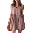 thumbnail image 2 of Dxzfnsa Summer Women's Dresses Women‘s Sleeveless Round Neck Shirt Dresses Ruffle Hem Cotton Tunic Tank Dresses Solid Color Button Up Mini Dresses, 2 of 6