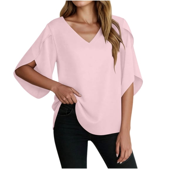 VEKDONE Womens 3/4 Length Sleeve Tops Summer Loose Fit V-Neck Casual Blouse Solid Color Lightweight Shirts Fashion Clothes Pink M