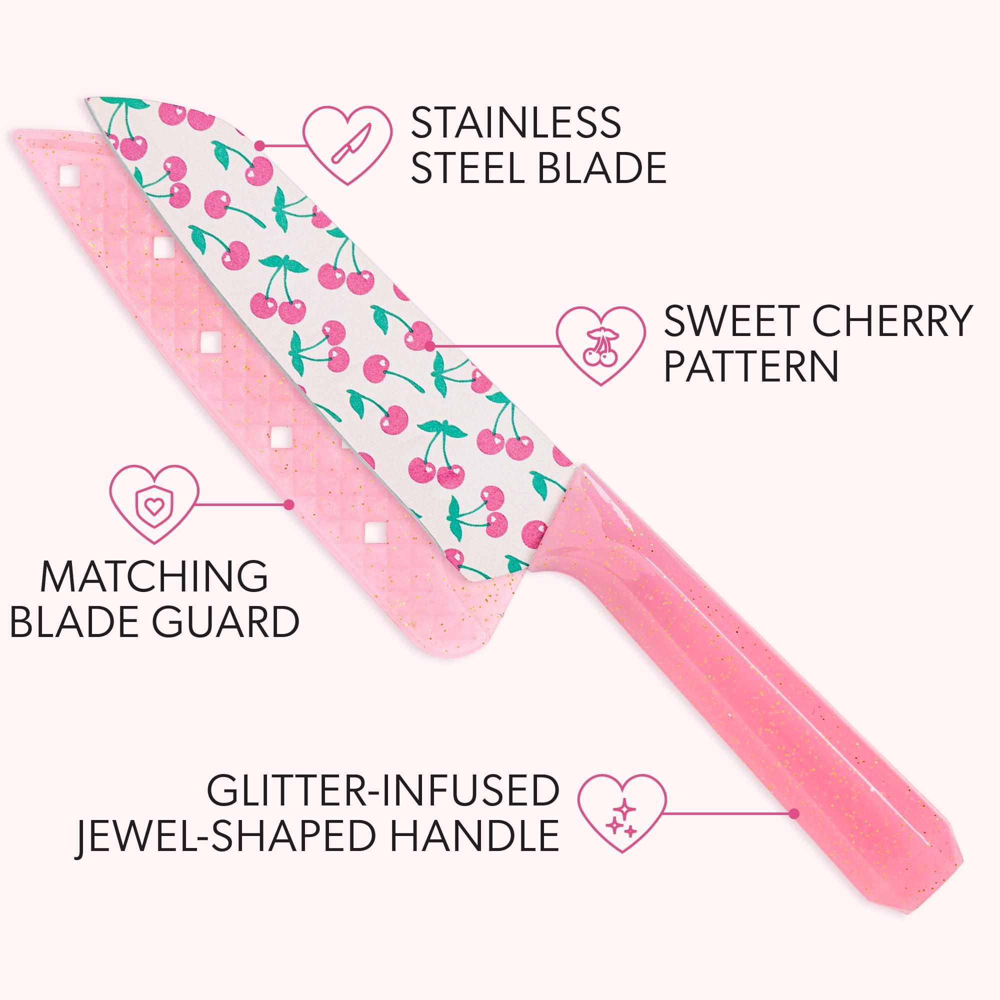 Paris Hilton 6-Piece Cutlery Set with 11 x 14 Inch Dual-Sided Bamboo Cutting Board, Stainless Steel Blades with Cherry Design, Blade Guards, Pink