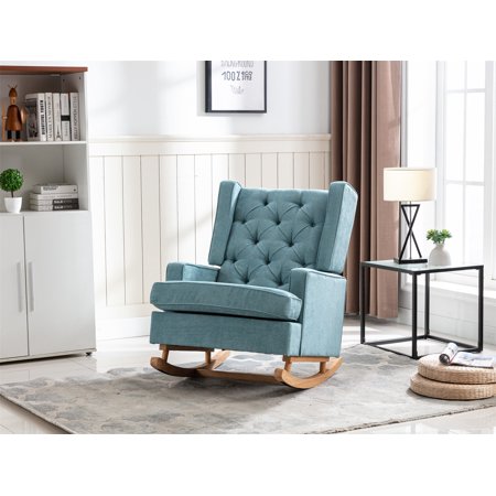 Rocking Chair  Modern Linen Upholstered Wingback Accent Chair with Arms and Solid Wood Base Nursery Rocker Chair with Padded Seat Comfy Glider Rocker Side Armchair for Living Room  Mint Green