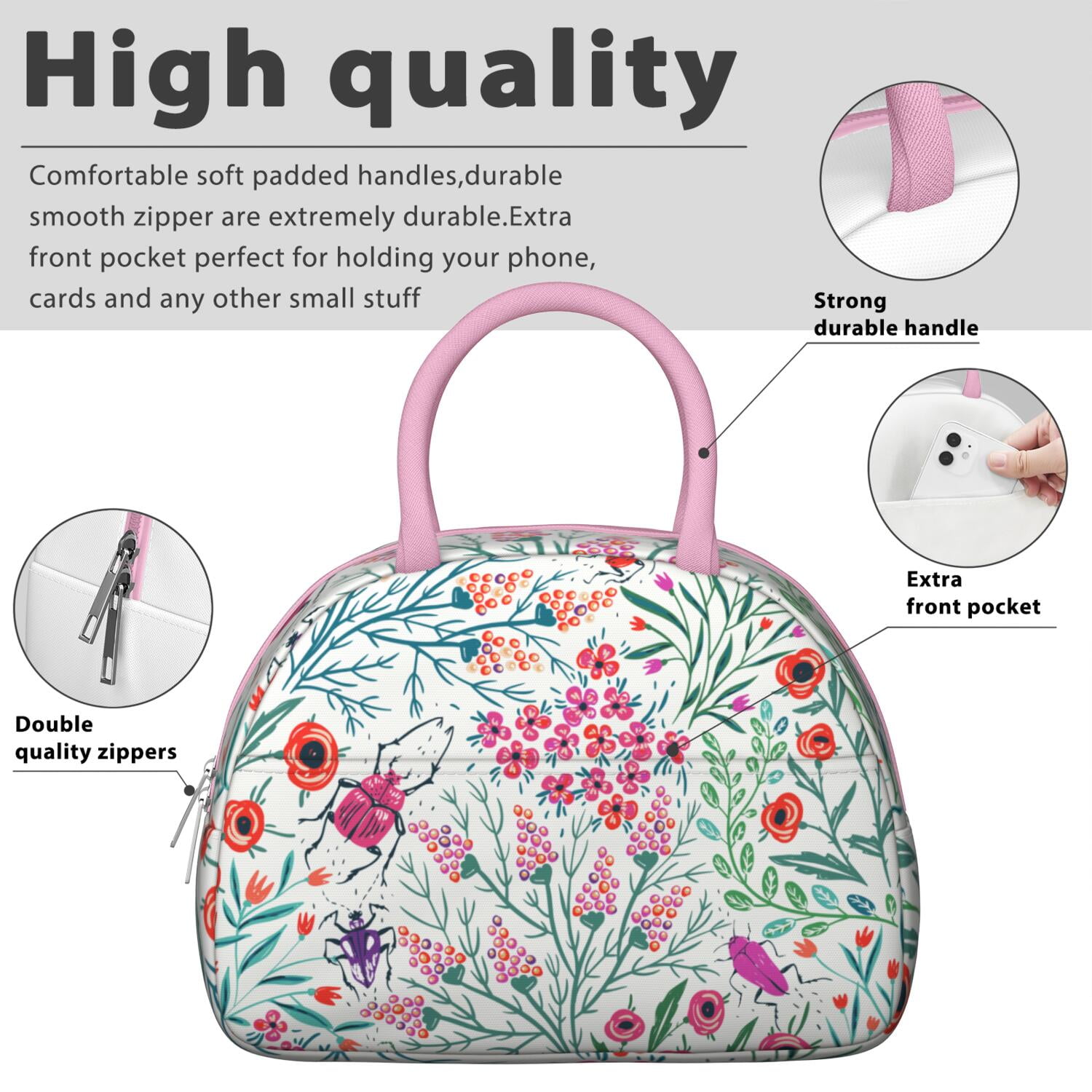 Rustic Floral Lunch Bag – Vintage Bloom Pattern Tote for Women with Insulated and Leakproof Lining, Ideal for Outdoor Meals