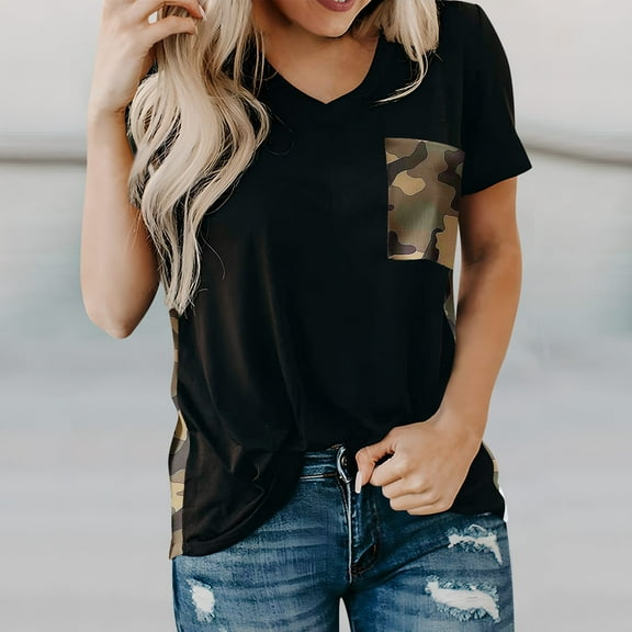 Jophufed Fashion Women Short Sleeve O-Neck Printed Pachwork Pockets Tops Blouse Gifts