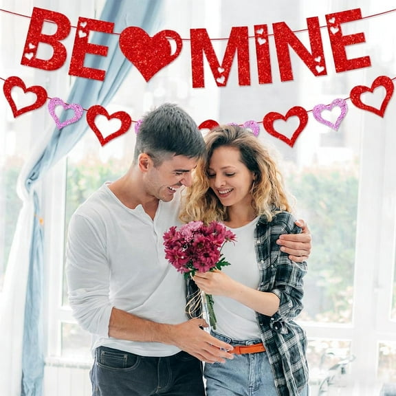 Glitter Valentine Banners,Be Mine Red Heart Bunting Banner,Shiny Heart Banner,Hanging Heart Ornaments,Valentines Day Heart Garland Decorations for Party Anniversary Decorations