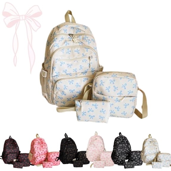 Bow Backpack for Women Backpack 3Pcs Set Fashion Nylon Backpack Versatile Aesthetic Travel Rucksack (Blue)