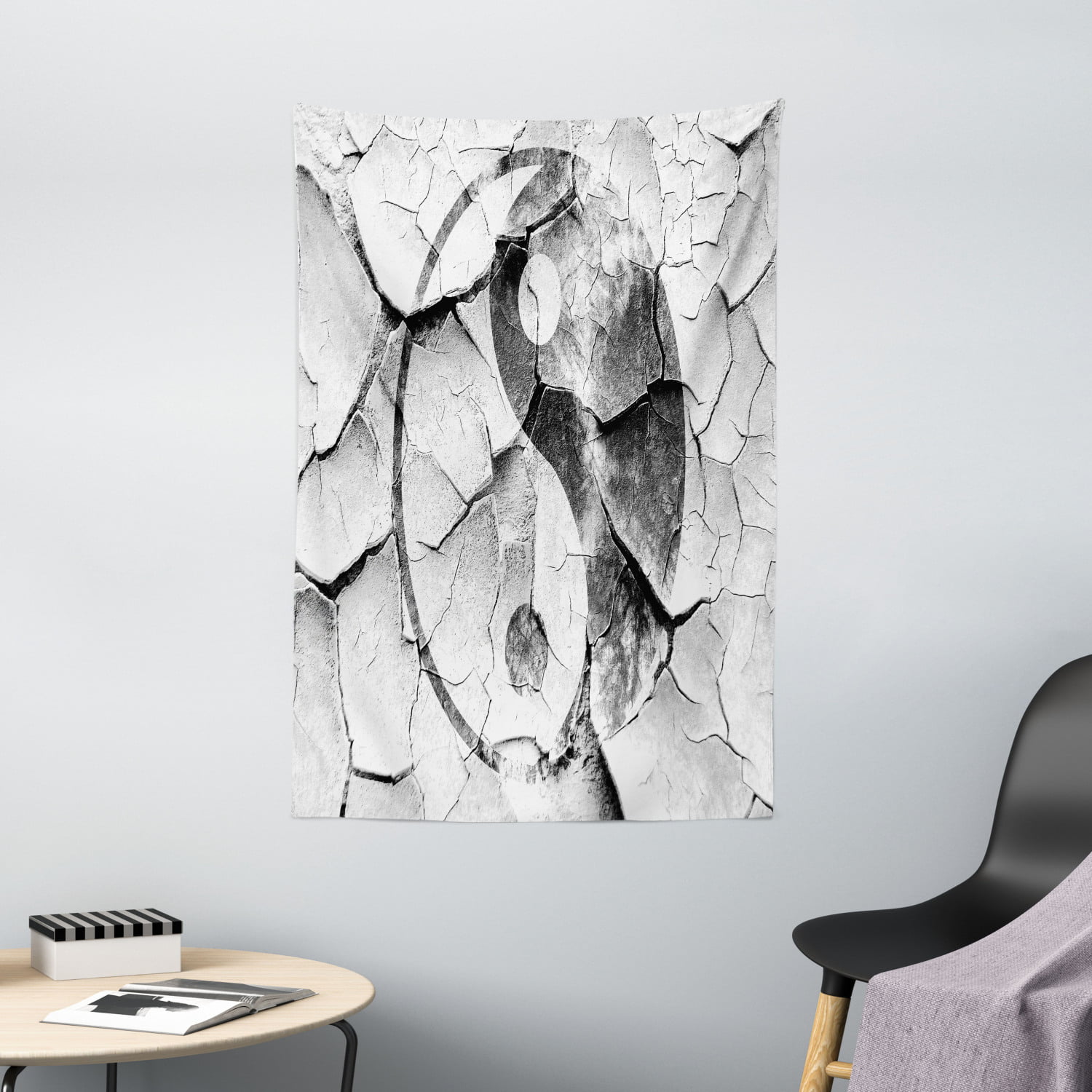 Ying Yang Tapestry, Grunge Cracked Yin Yang Sign on the Wall Graphic