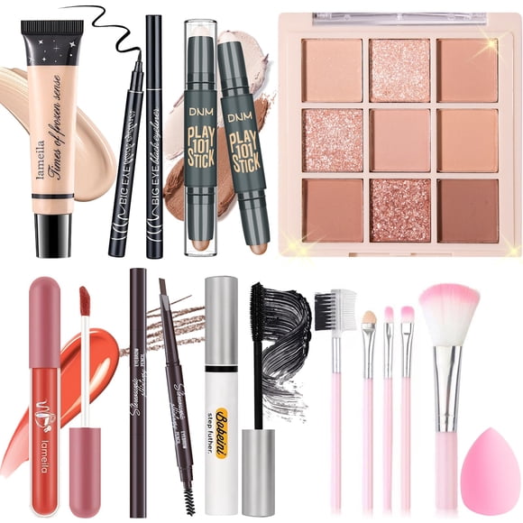 YBUETE Juego de maquillaje para mujeres, niñas y adolescentes, juego de regalo que incluye 9 colores de sombra de ojos, base en barra, lápiz de cejas, delineador de ojos, máscara, brillo de labios, 5