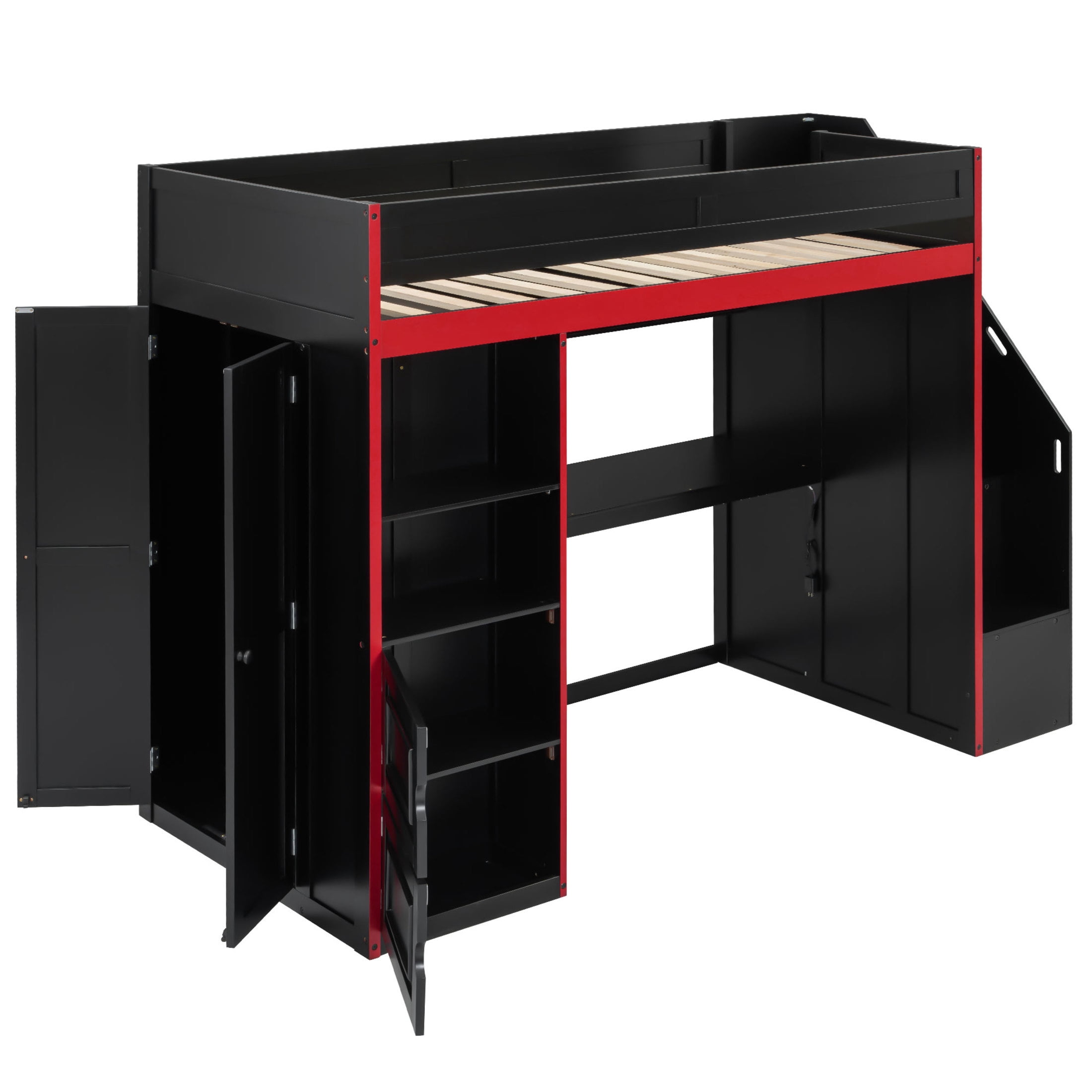 Noble House Mira Twin Gaming Loft Bed, Desk with Storage Locker & LED Lights, Solid Wood Frame, Black and Red