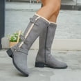thumbnail image 2 of Womens Strappy Knee High Snow Boots Faux Suede Leather Winter Fleece Lined Boots Low Chunky Heel Warm Shoes Size 5.5--9.5 Gray, 2 of 5
