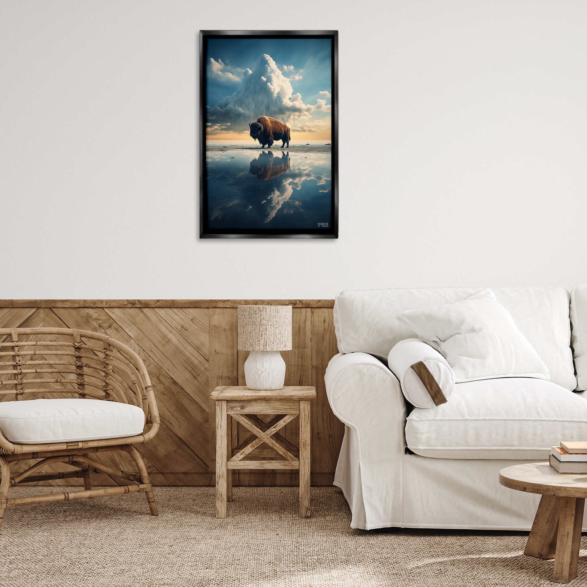 Stupell Industries Bison & Reflective Clouds Landscape Painting Black Floater Framed Art Print Wall Art, 21 x 31