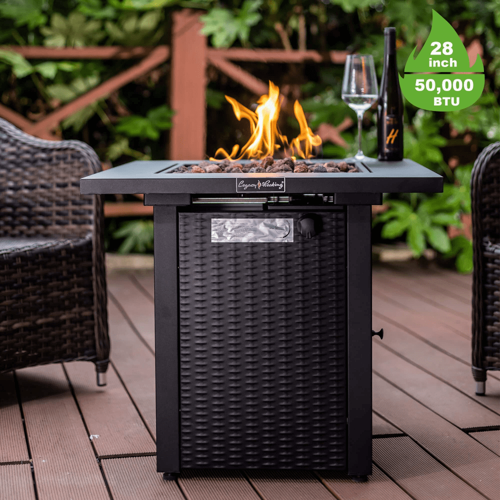 28" Outdoor Gas Fire Pit with Lid - 50,000 BTU Rattan Look, Lava Stones & ETL Certified Safety