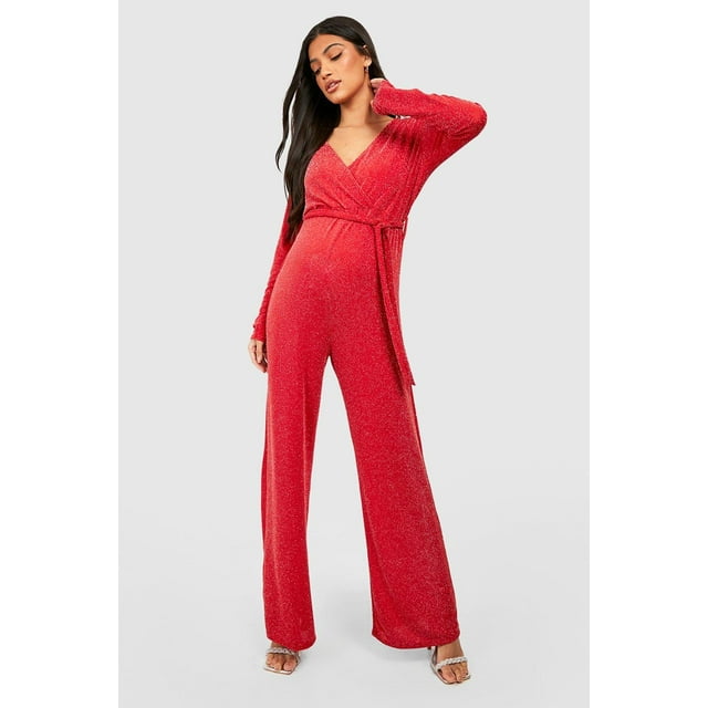 ZAXARRA Women’s Sparkly Wrap Jumpsuits Long Sleeve V Neck Solid Color Rompers Long Pants with Belt