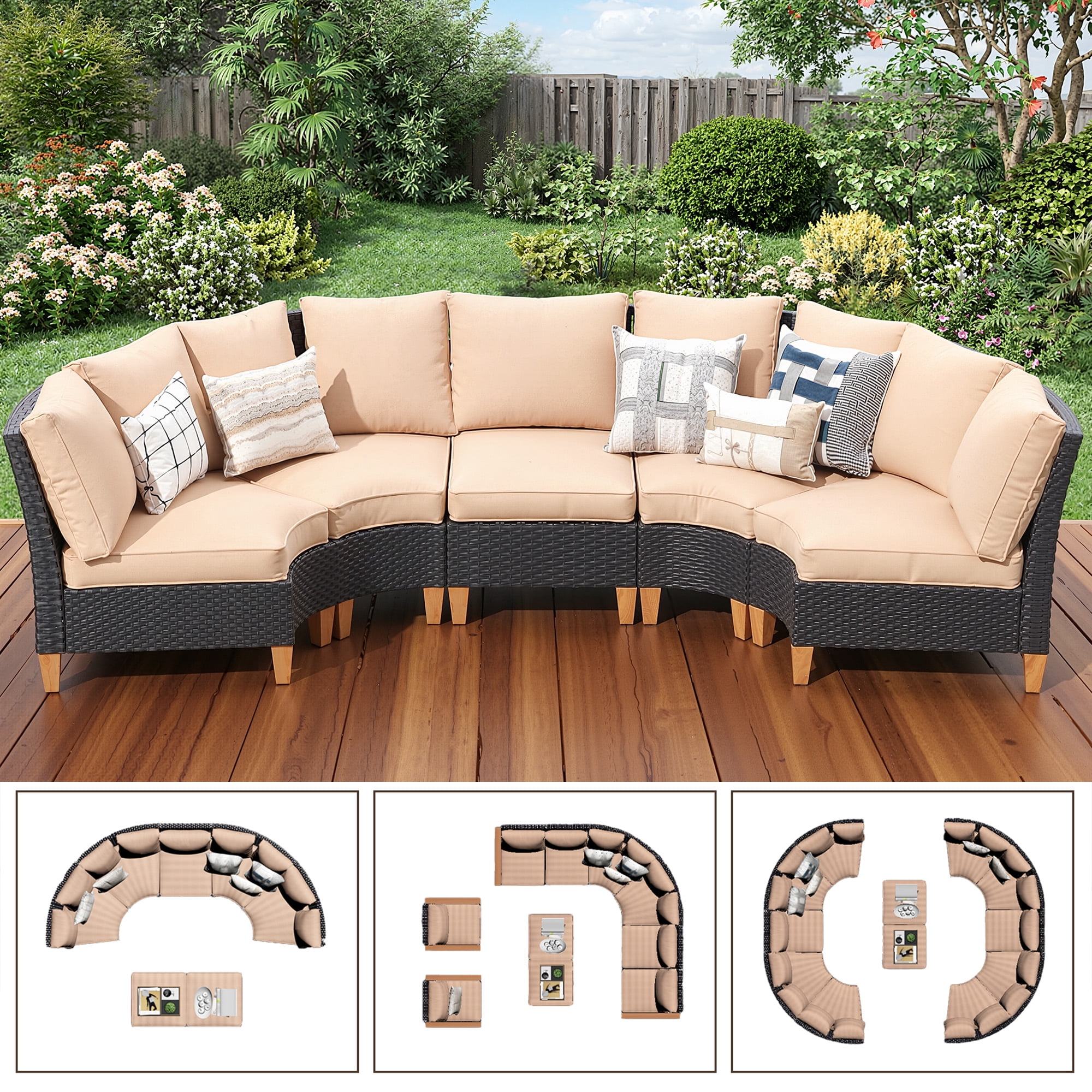 MAYEERTY 7-Piece Outdoor Patio Curved Rattan Sofa Set with Fan-shaped Seats, Middle Chair & Ottomans