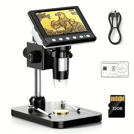 4.3" LCD USB Digital Microscope 1000X 1080P, Error Coin Magnifier 8 LEDs, PC View for Adults & Laboratory