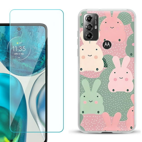 OneToughShield ® for Motorola Moto G Play 2023 Shockproof Fashion Phone Case, with Tempered Glass Screen Protector - Bunny Mix