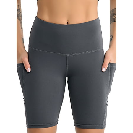shorts yoga tummy control pockets bike athletic waist workout running bottoms activewear elastic gym pants casual non short through dialog