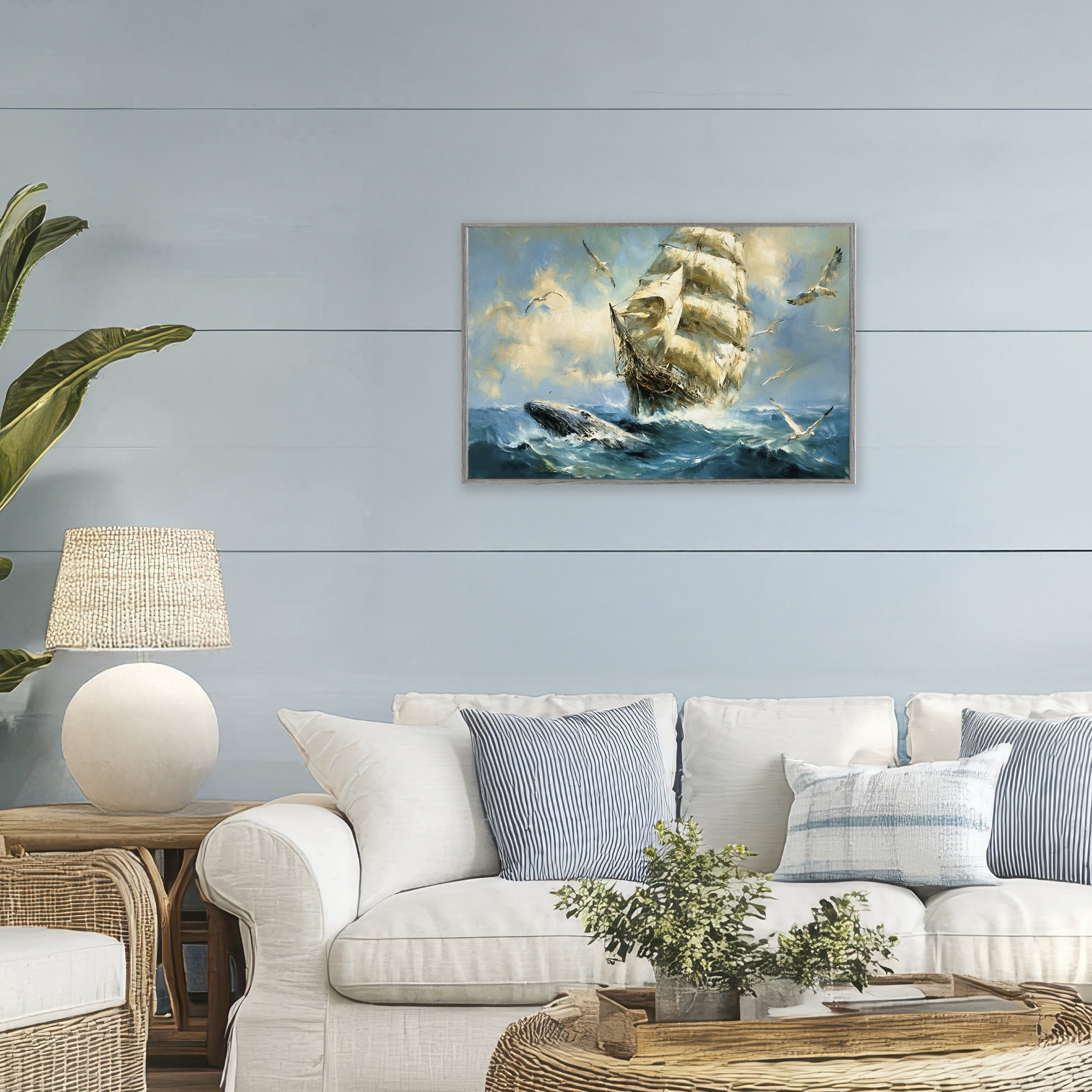 Stupell Industries Clipper Ship & The Whale Gray Framed Giclee Art, design by Tina LeCour
