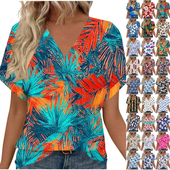 JTZGDY Womens T Shirts Cute Boho Floral Printed Short Sleeve Summer Graphic Tshirt Tops Trendy V Neck Loose Fit Casual Tunic Blouse Purple#02 S