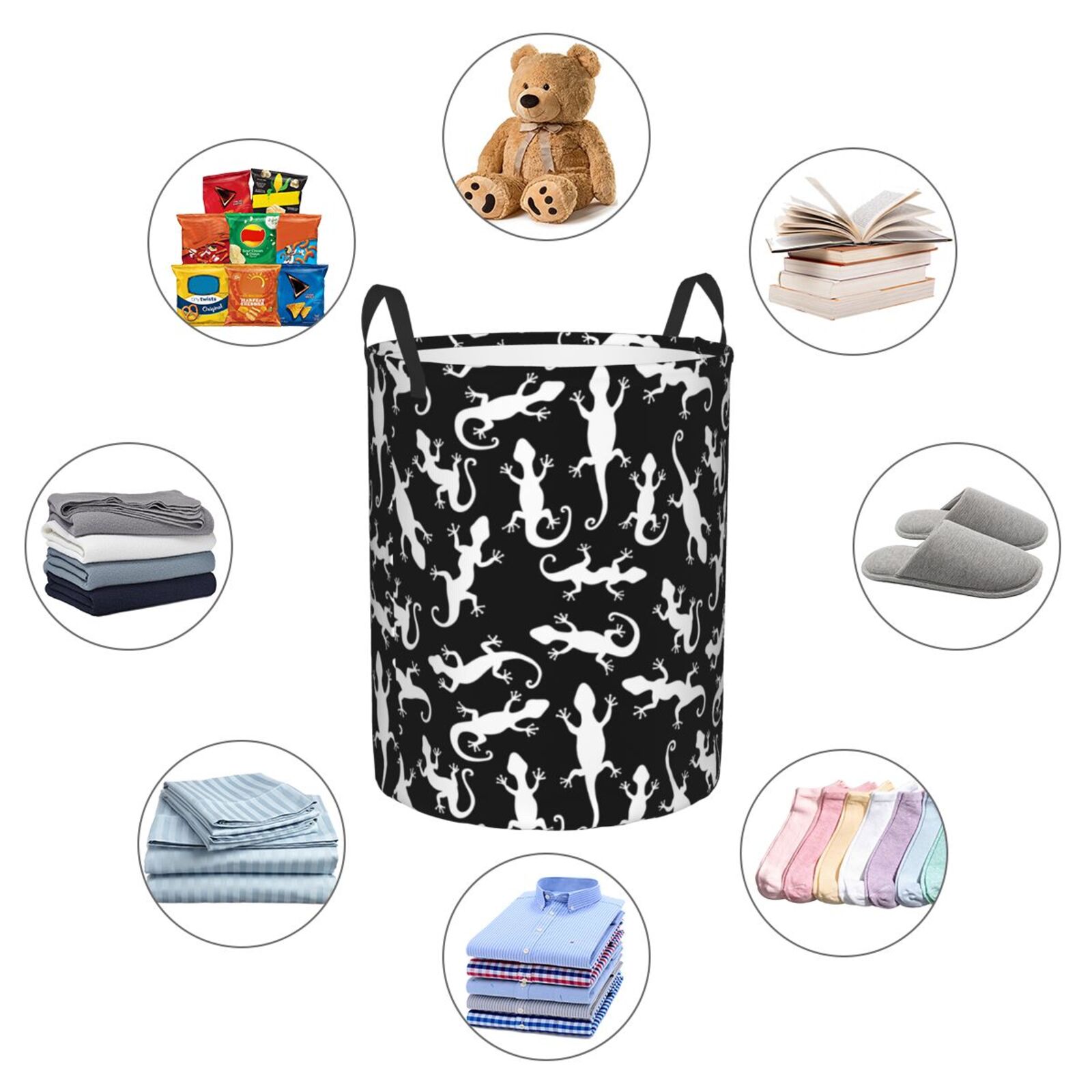 Large Laundry Basket with Handles - Gecko Lizard Black White Kids Baby Dirty Clothes Laundry Hamper for Bedroom Aesthetic
