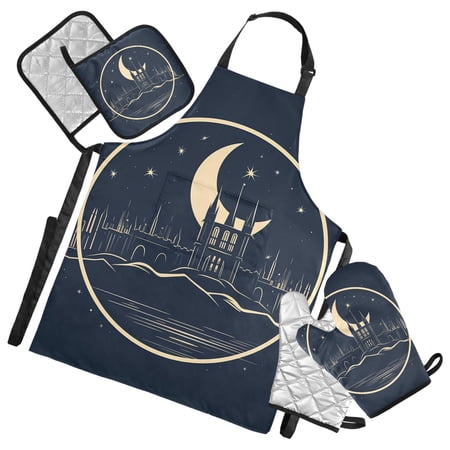City with Moon 5 Pcs Kitchen Set Heat Resistant Oven Mitts and Non-Slip Pot Holders with Adjustable Cooking Apron