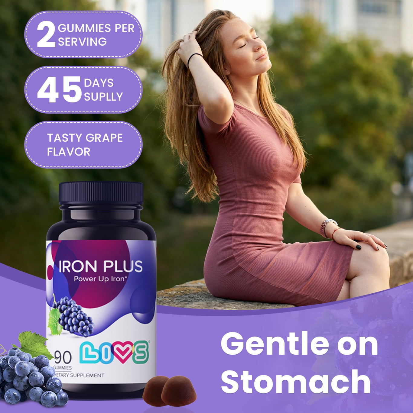 LIVS Iron Plus Gummies - Iron Gummies with Vitamin C, B12, Folate, Zinc & Biotin - Energy, Immune & Blood Support - Grape Flavor - Pack of 2 - 180 Count with 90 Servings