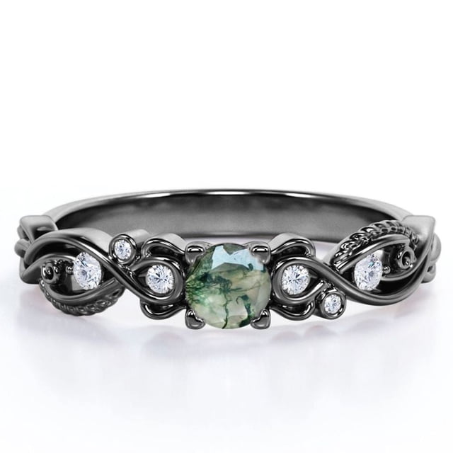JeenMata Anillo de Compromiso Victoriano con 7 Piedras de 1,75 ct, Ágata Verde Musgo y Moissanita en Baño de Oro Negro de 18 K sobre Plata