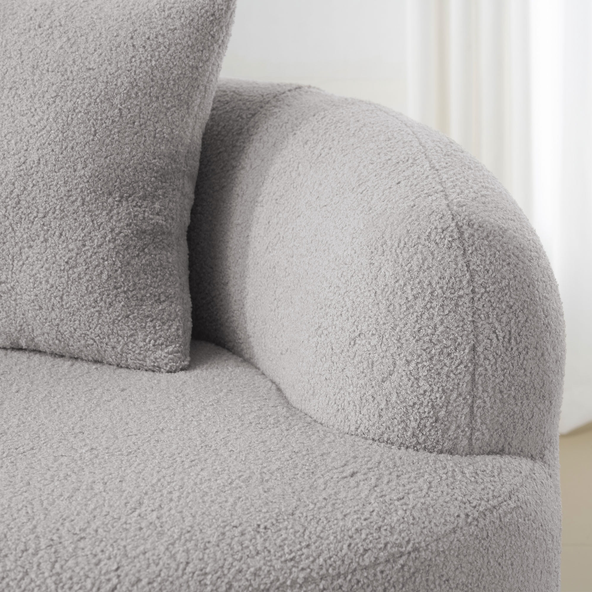 Grey Curved Loveseat Sofa with Round Armrest, Teddy Velvet Fabric Compression Couch with 2 Pillows, Cream Couch for Small Space, Living Room, Bedroom, No Assembly
