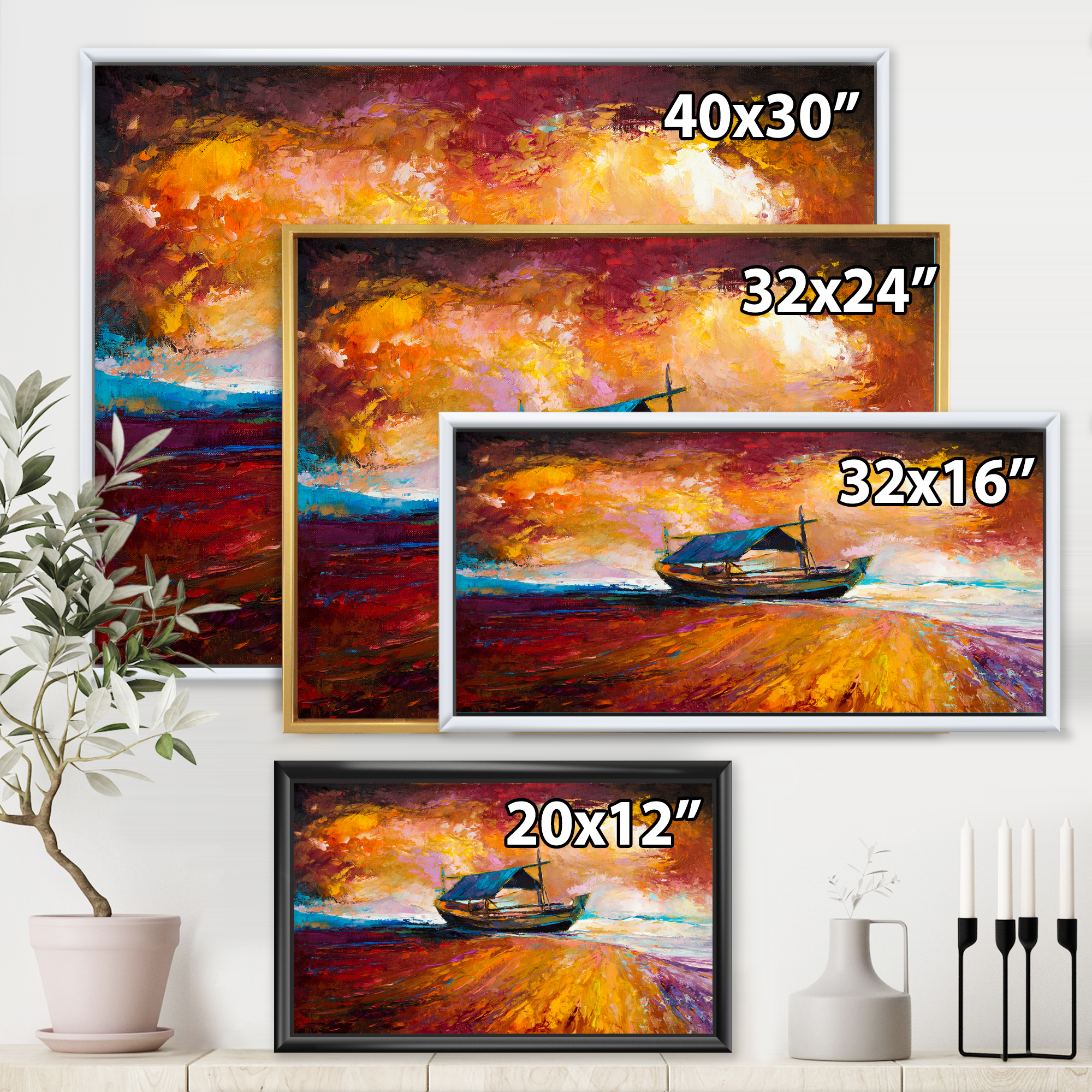 Fishing Boat During Red Evening Glow 20 in x 12 in Framed Painting Canvas  Art Print, by Designart