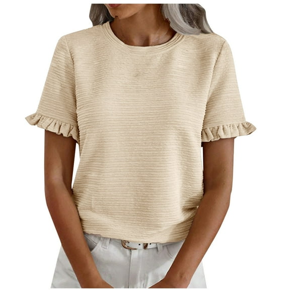 TSADFHJI Turtle Neck Tops for Women Thermal Ladies Round Neck Ruffled Short Sleeve T Shirt Top M Khaki