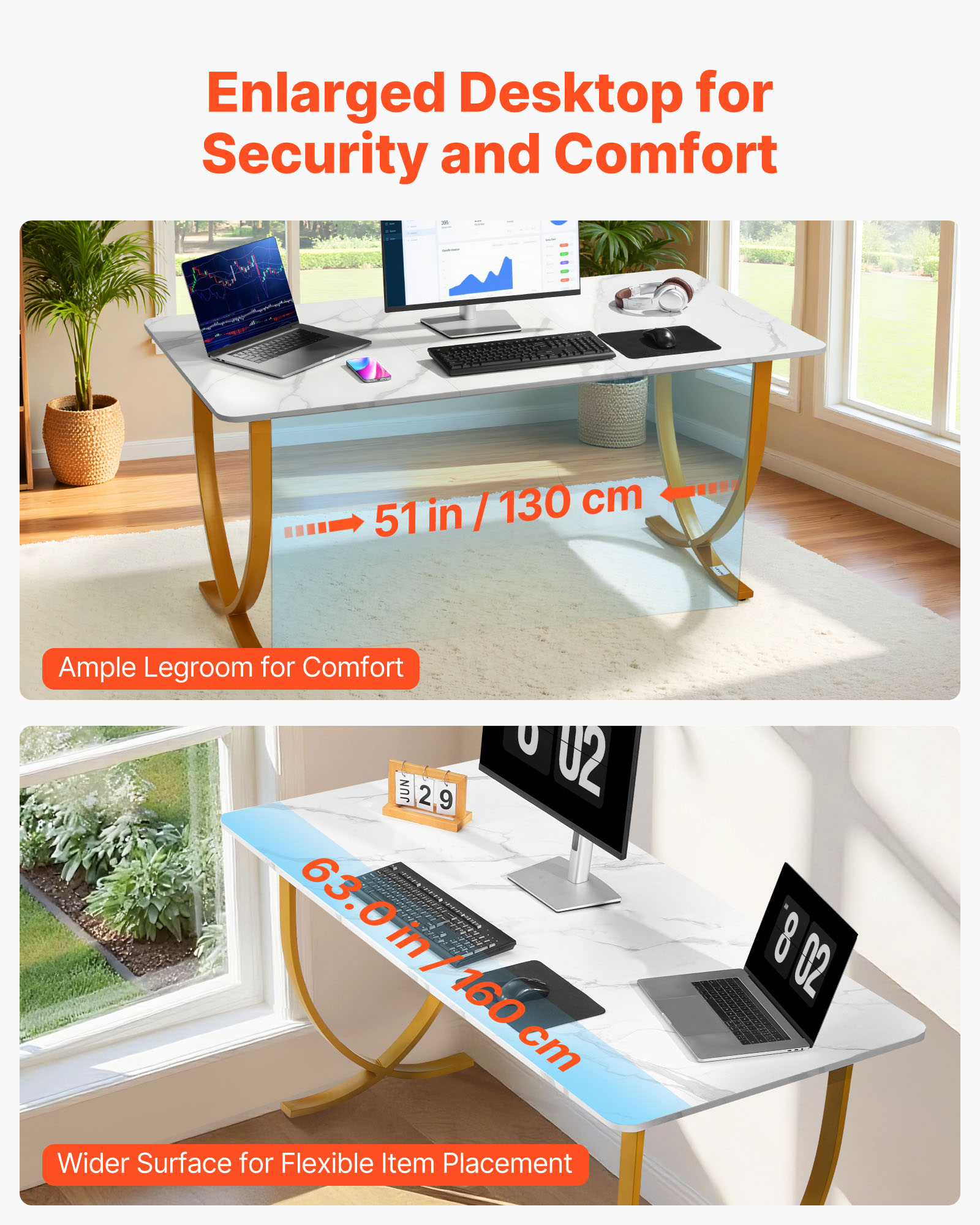 VEVOR Executive Desk, 63" W x 31.5" D Large Office Desk, Modern Computer Table Conference Meeting Room Table, Business Furniture Enlarged Desktop for Home Office, White and Gold