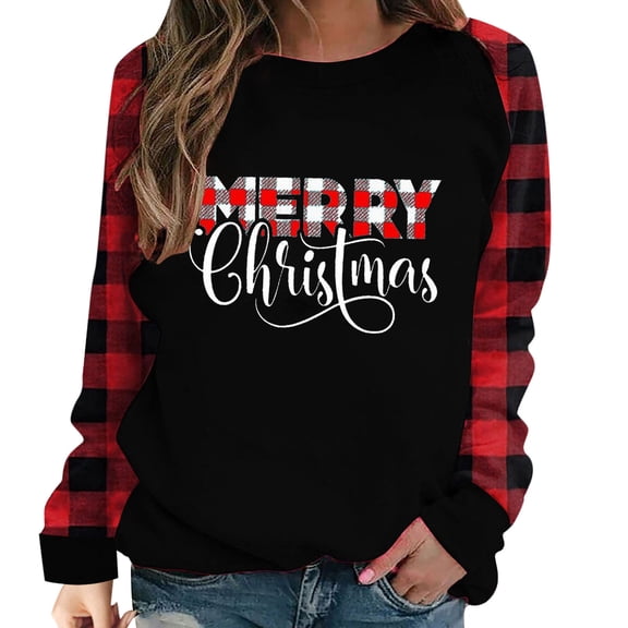 Tbopshirt Womens Hoodless Sweatshirts,Plus Size Essential Crewneck Sweatshirts Long Sleeve Plaid Christmas Print Splicing Round Neck Pullover T-Shirt Tops
