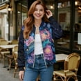 thumbnail image 2 of COEQINE Women's Zip Up Bomber Jacket Casual Stand Collar Cropped Bomber Outfits with Pockets, Fashion Outerwear Varsity Jackets Shackets Fall Clothes, 3X-Large, Sea Turtle Floral Galaxy, 2 of 7