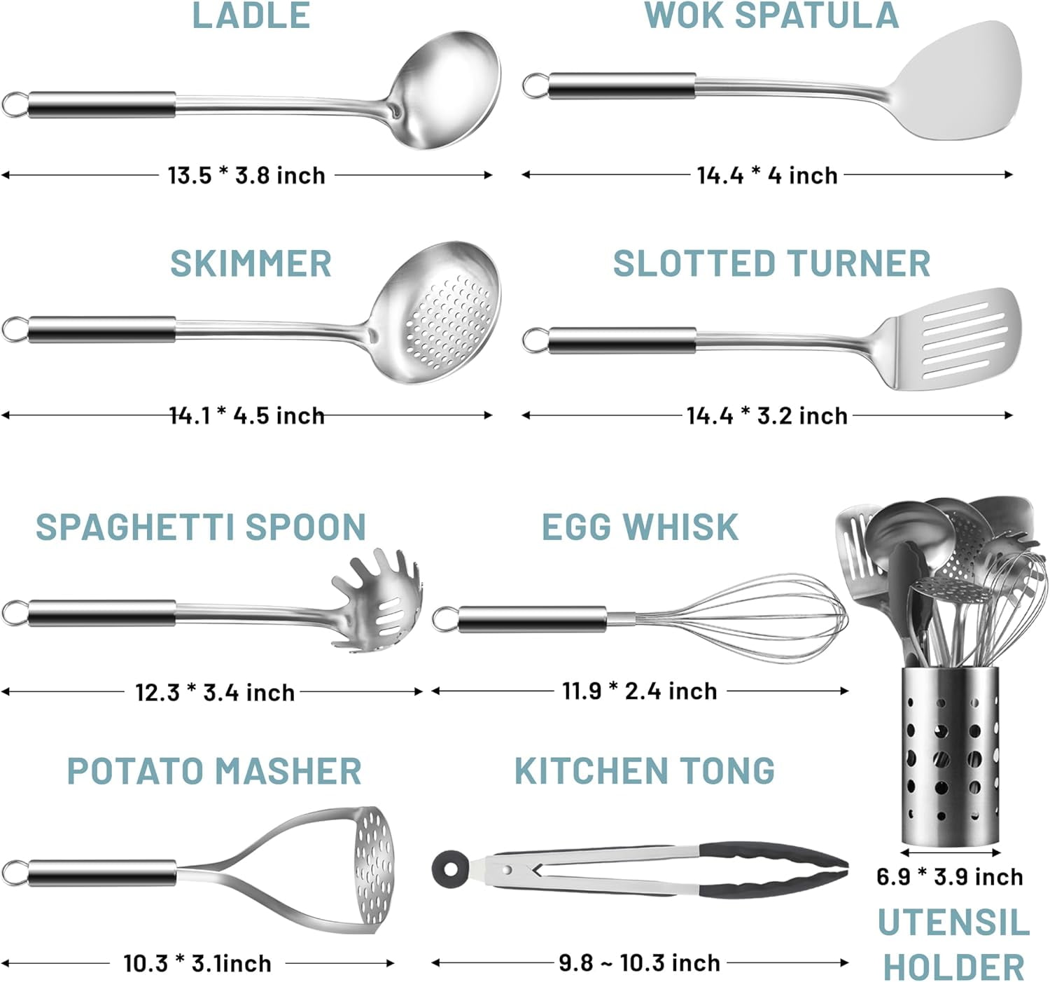 Mirdinner Cooking Utensils Set, 9 Pcs Stainless Steel Kitchen Utensils Set, Kitchen Tools Set, Spatula Sets w Utensil Holder, Wok Spatula,Ladle,Egg Whisk,Non-Stick And Heat Resistant, Dishwasher Safe