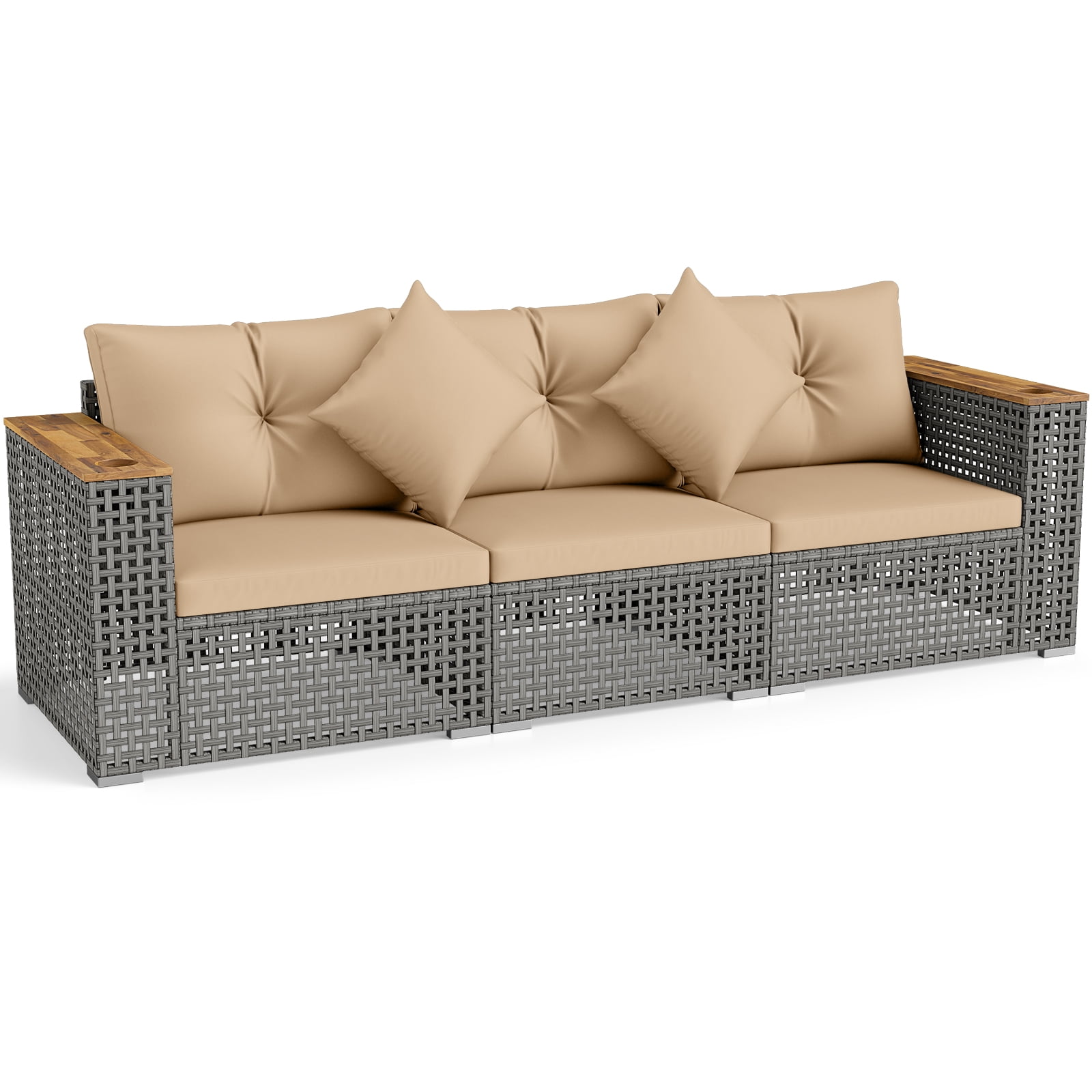 Costway Patio Wicker Sectional Furniture Set, 3 Piece Outdoor Couch Set for Garden Beige